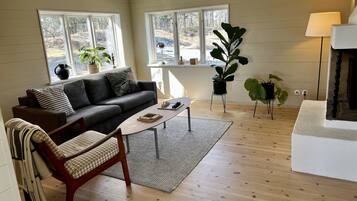 Smart-tv, eldstad, tv-spel och en stereo