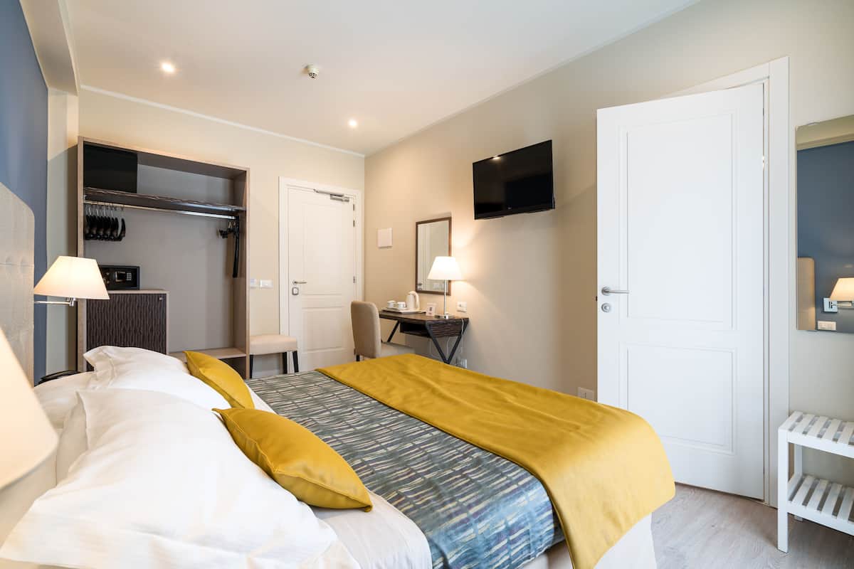 Una habitación de hotel con una cama, un escritorio, un televisor y un armario.