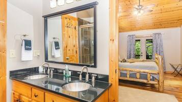 Shower, jetted tub, hair dryer, towels