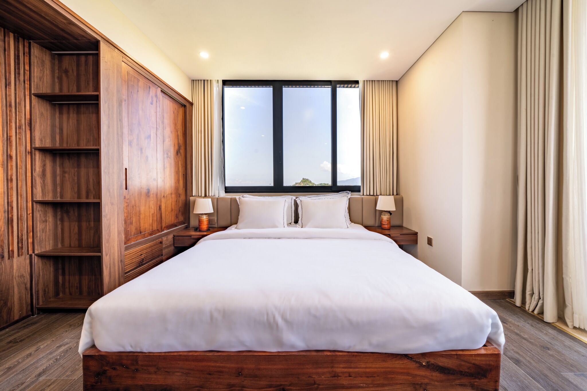 Frette Italian sheets, premium bedding, desk, laptop workspace