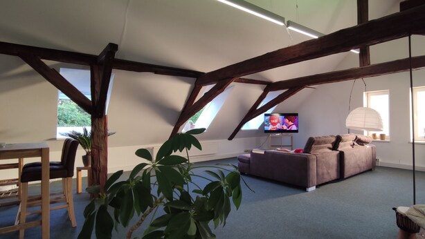 A loft-style living room with exposed wooden beams, a sofa, a TV, and a dining area with a table and chairs. - Large loft apartment, private entrance, e-charging station and free parking space (Schwerin)