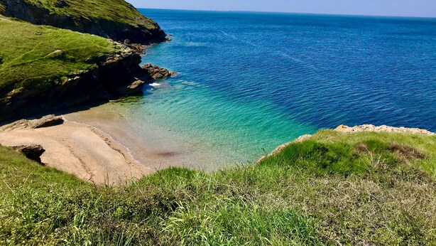 A coastal landscape with a clear view of the sea, grassy cliffs, and a sandy beach.