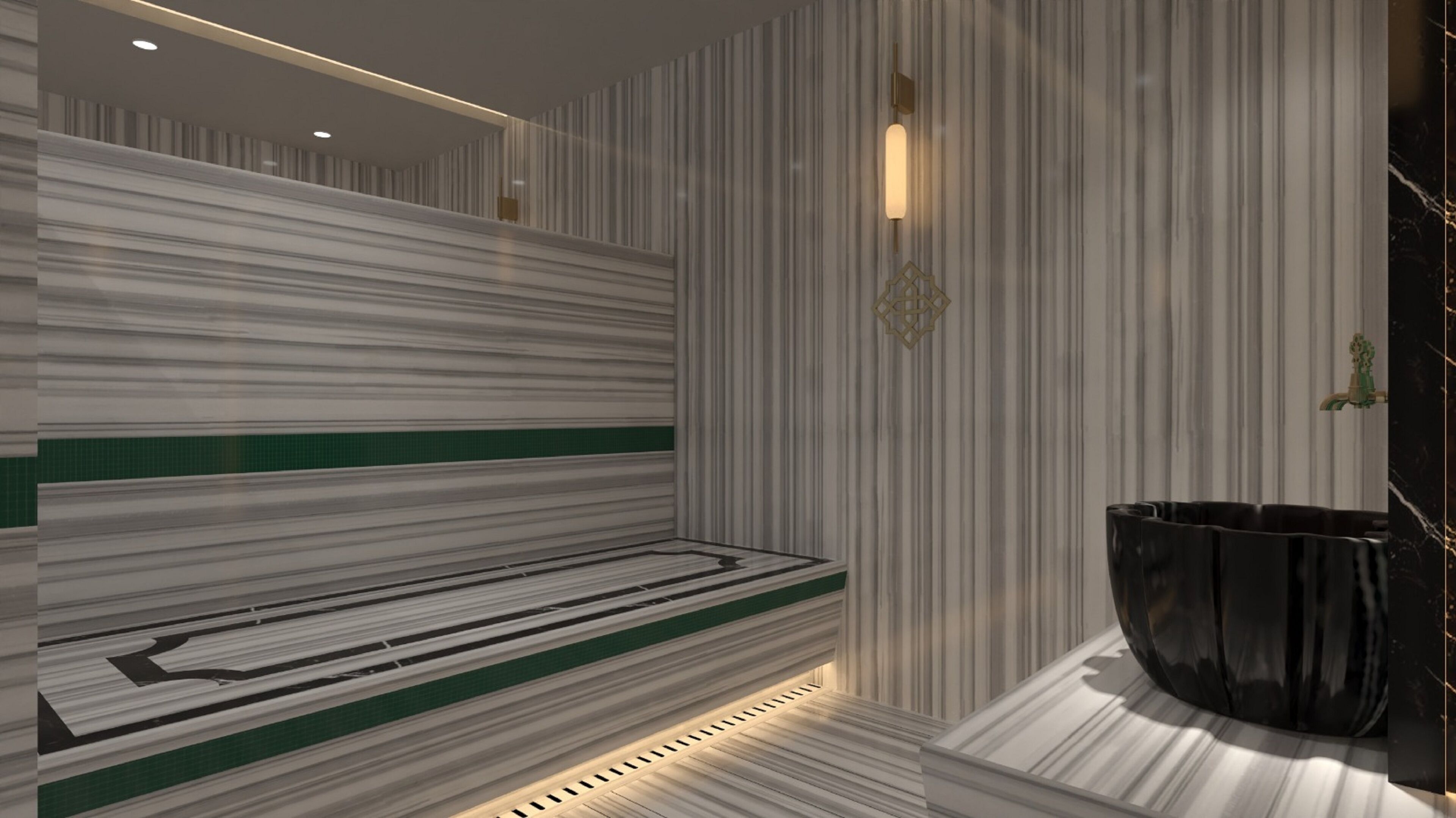 A modern interior with a bench, vertical striped walls, and a decorative light fixture.