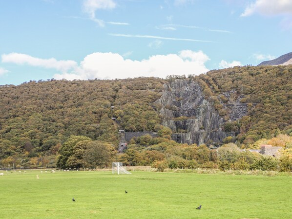 A grassy field with a soccer goal, a rocky cliff, and trees in the background. - 9 Ty Du Road (Caernarfon)