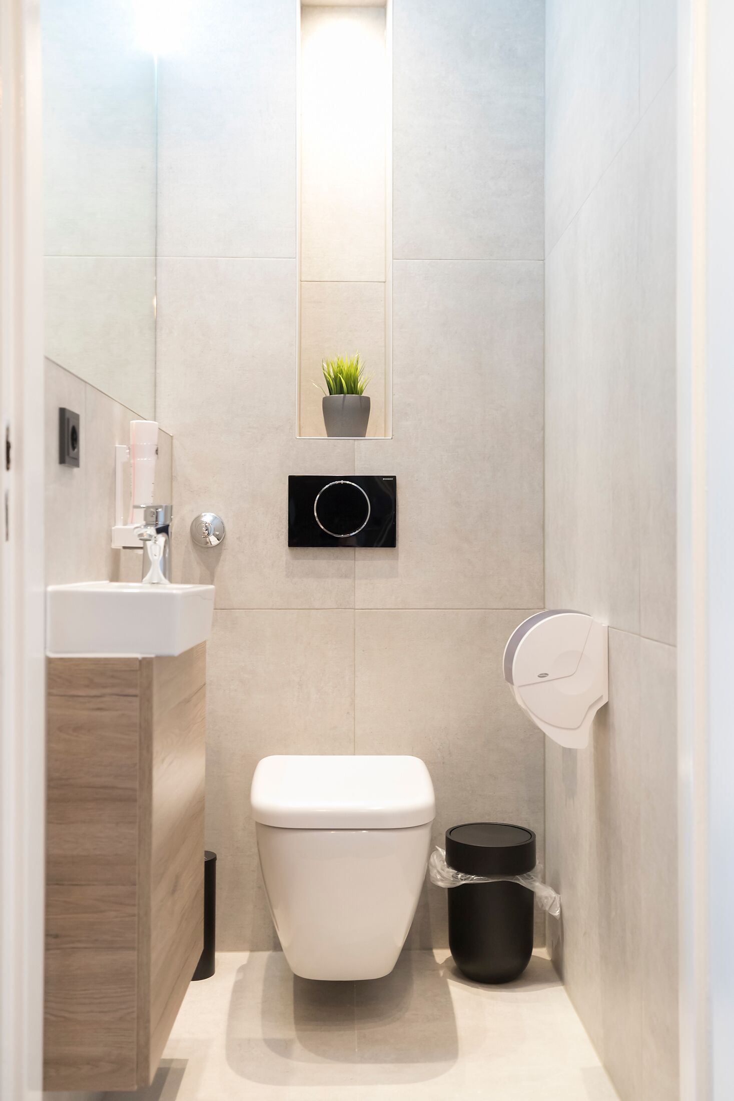 Un baño moderno con inodoro, lavamanos y una pequeña planta en maceta en la pared.