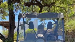 A rugged off-road vehicle parked in a natural setting with stone walls and trees. - House "sole" - Unique Panorama (Lipari)