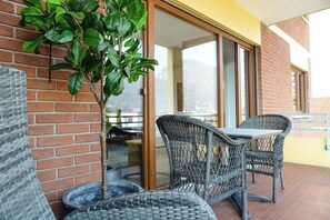 Un balcó amb mobles de vimet, una planta en test i una vista a una muntanya.