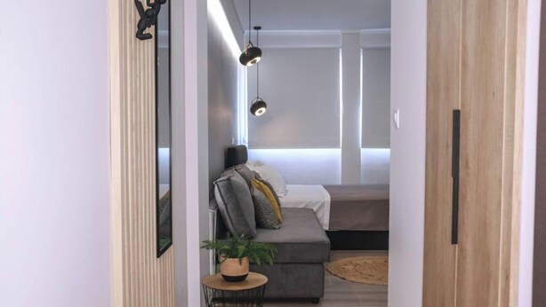 A modern, minimalist bedroom with a grey sofa, a small round table with a plant, and a hanging light fixture. - New Deluxe Studio 1 - Downtown Thessaloniki-fully Equipped (Thessaloniki)