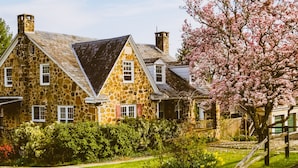 Une maison en pierre avec un toit à forte pente, de nombreuses cheminées et un jardin bien entretenu, agrémenté d’arbres en fleurs.