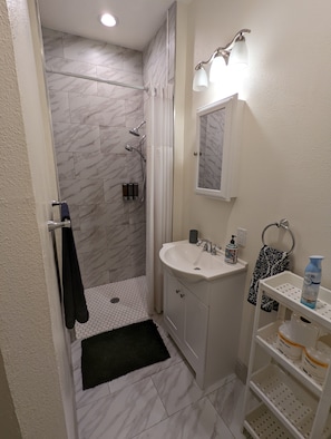 Shower, hair dryer, towels, soap