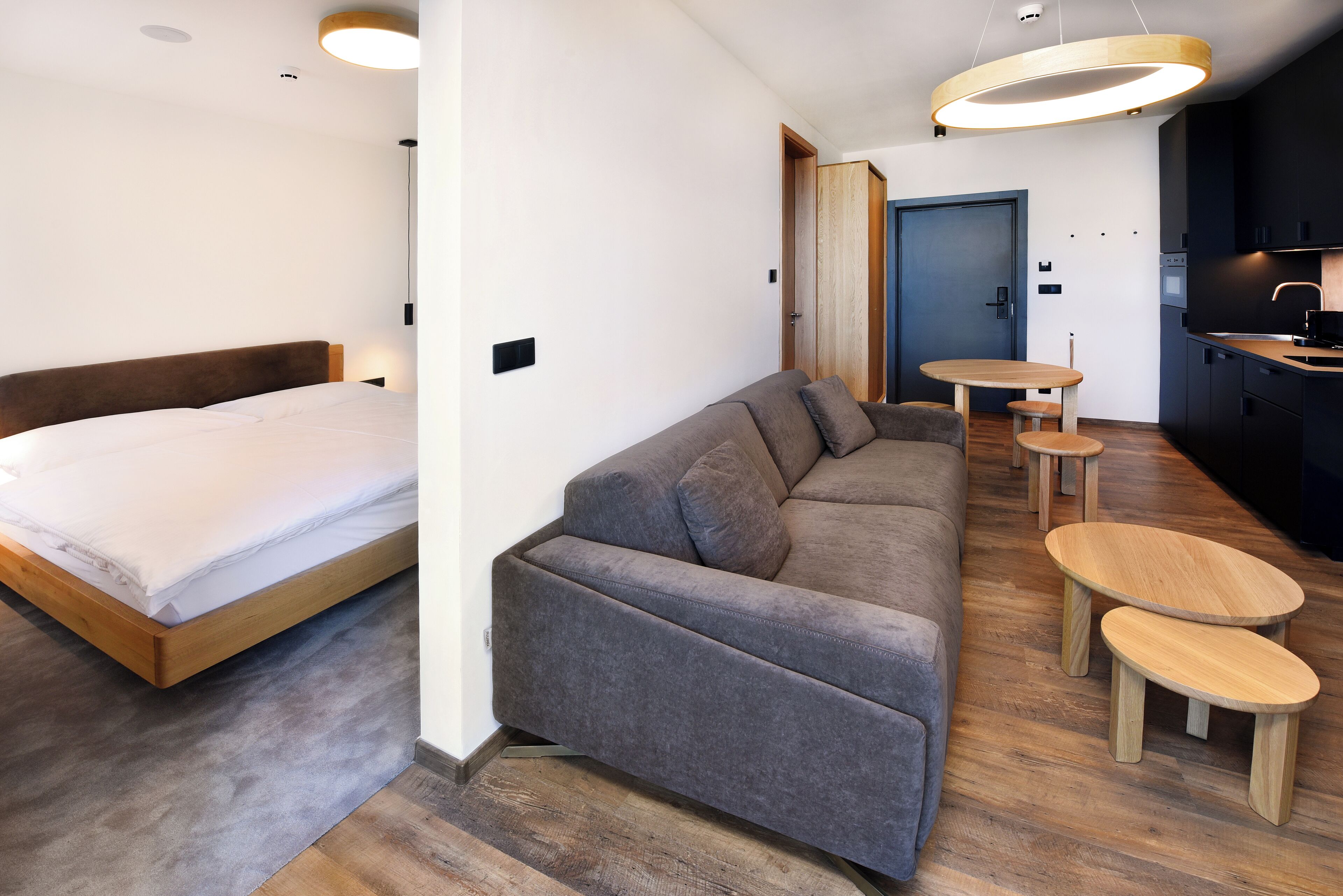 A modern room with a bed, a sofa, a dining table, and a kitchen area.