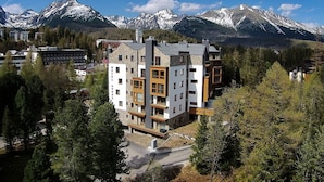 A multi-story hotel with a modern design, surrounded by a forest and mountains.
