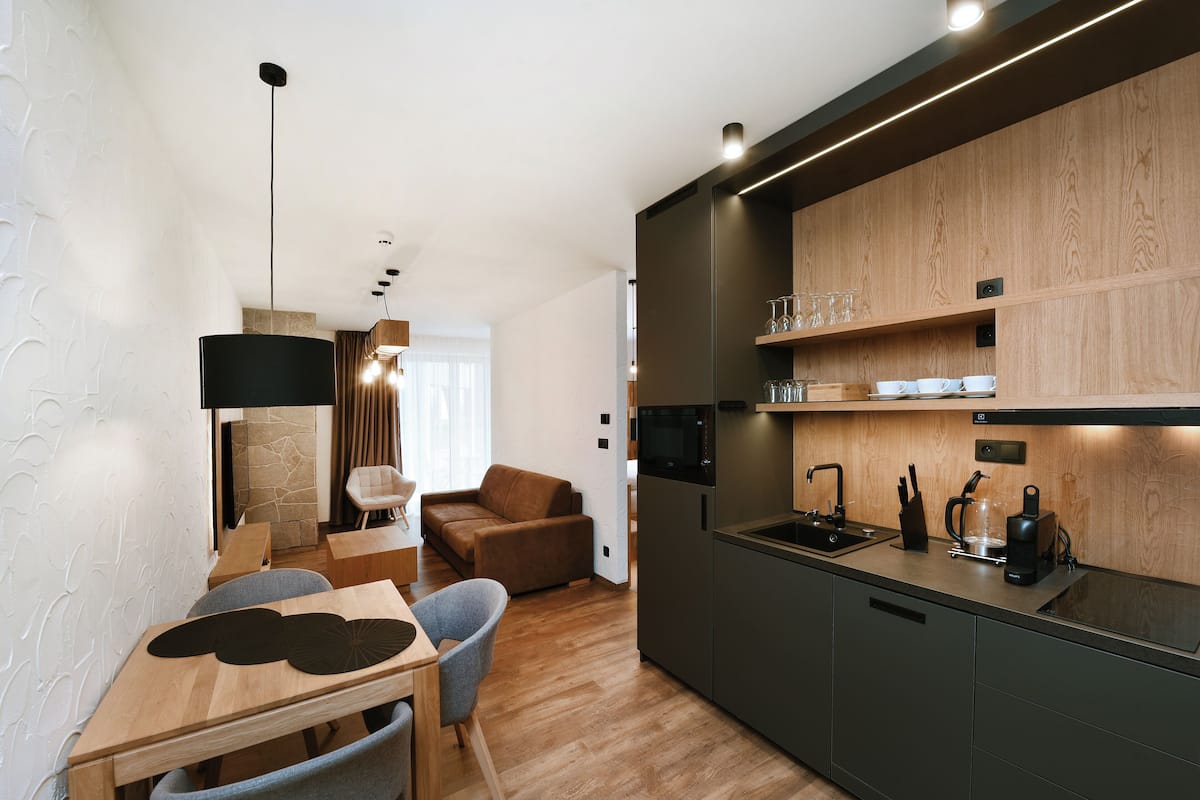 Deluxe Studio Suite | Living area | 40-inch flat-screen TV with satellite channels, TV, heated floors