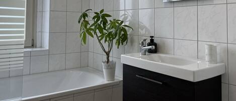 Combined shower/bathtub, hair dryer, towels, soap