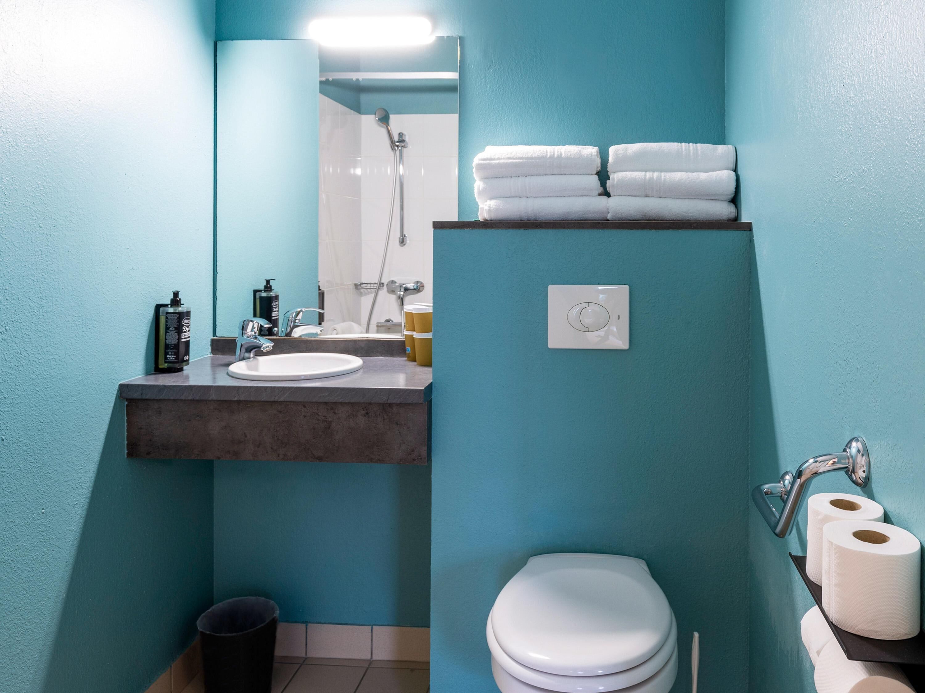 Un bagno con lavandino, specchio, porta asciugamani, water e cestino.