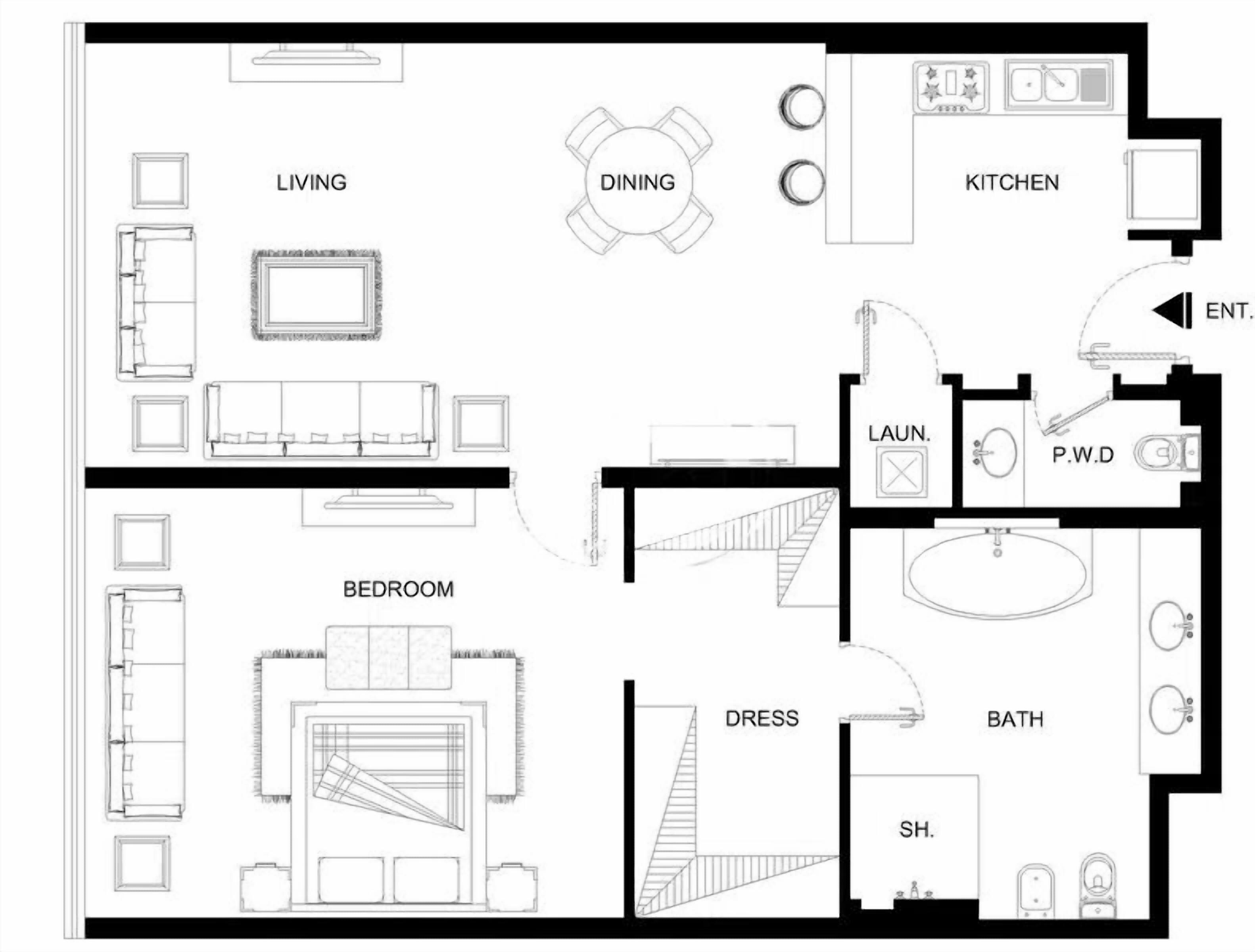 A floor plan with a living room, dining area, kitchen, bedroom, bathroom, and a small closet.