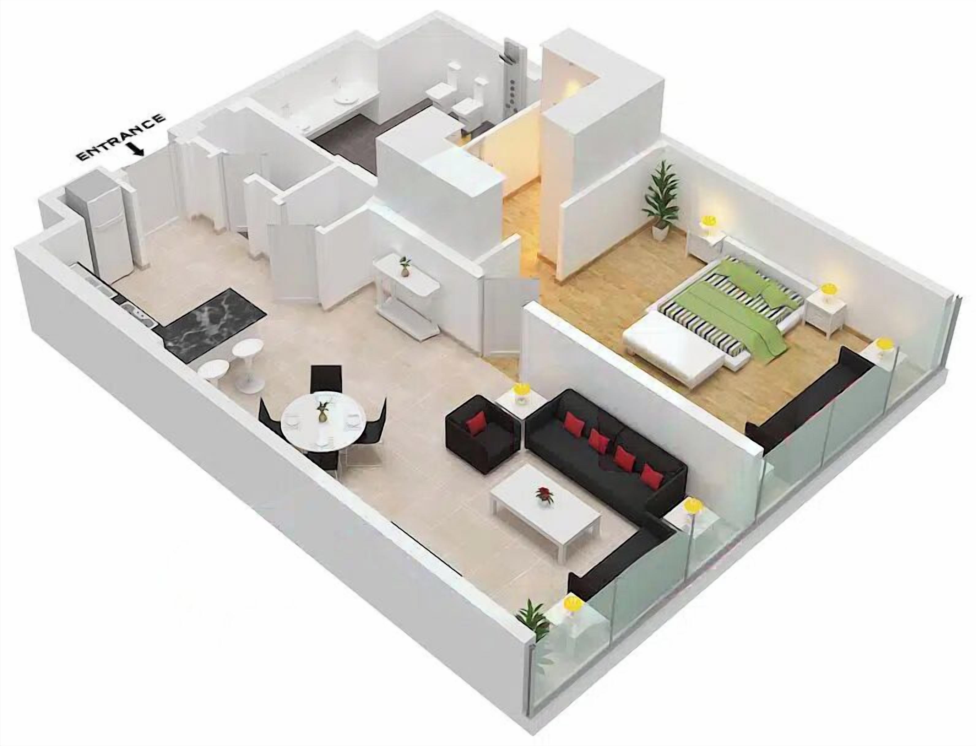 Ein modernes Apartment mit Essbereich, Wohnzimmer, Küche und einem kleinen Balkon.