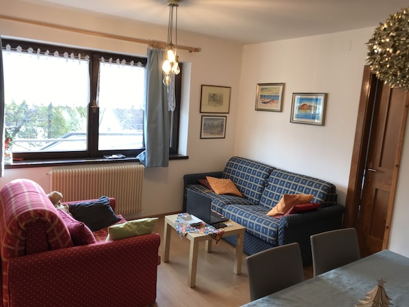 Appartement, 1 grand lit et 1 canapé-lit | Coin séjour | Télévision de 30 pouces avec chaînes par câble