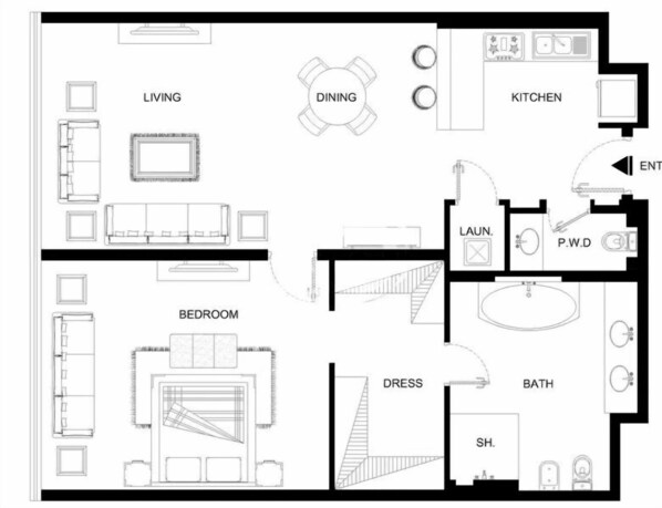 Un plan d’étage comprenant un salon, un coin repas, une cuisine, une chambre, une salle de bain et un petit placard.