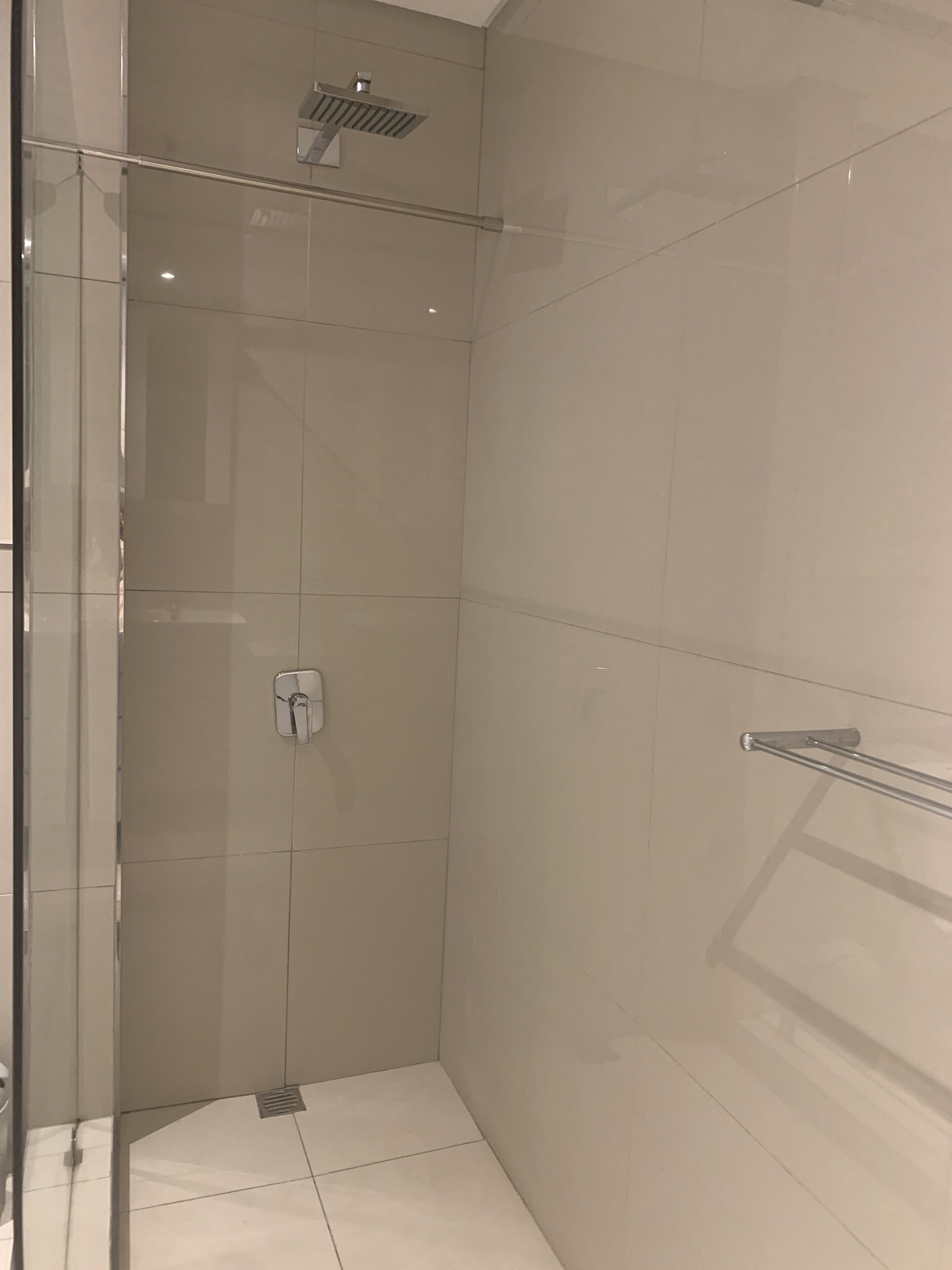 Shower, towels, soap, toilet paper