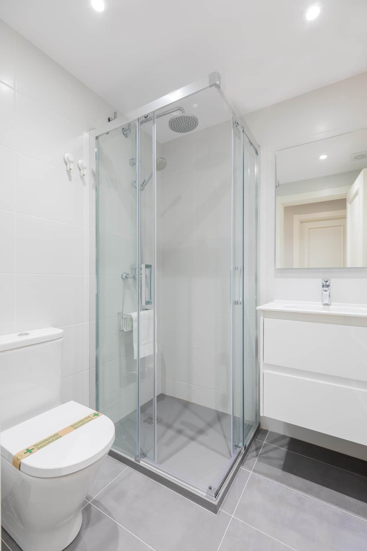 A modern bathroom with a glass-enclosed shower, a white toilet, and a vanity with a mirror.