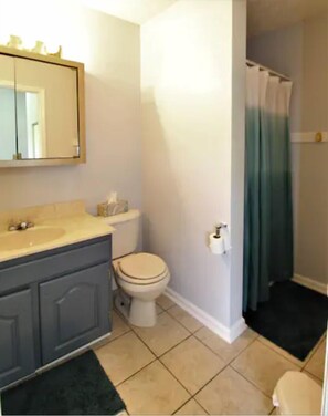 Suihkun ja ammeen yhdistelmä, hiustenkuivaaja, pyyhkeet, vessapaperi