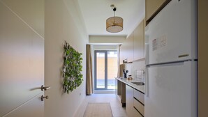 Een smalle keuken met een koelkast, een spoelbak en een hangplant.