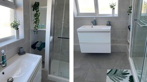 Shower, hair dryer, towels, toilet paper