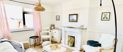 Télévision, cheminée, livres, chaîne hi-fi