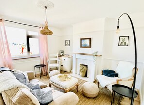 Télévision, cheminée, livres, chaîne hi-fi