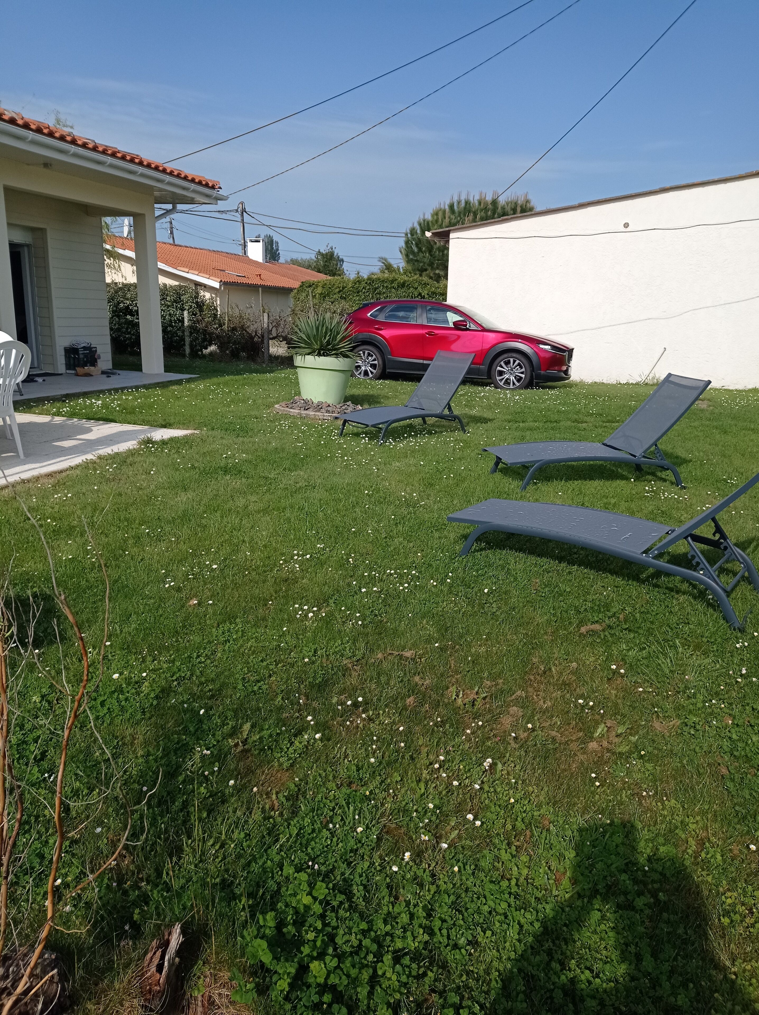 A backyard with a red car, two lounge chairs, a potted plant, and a patio table.