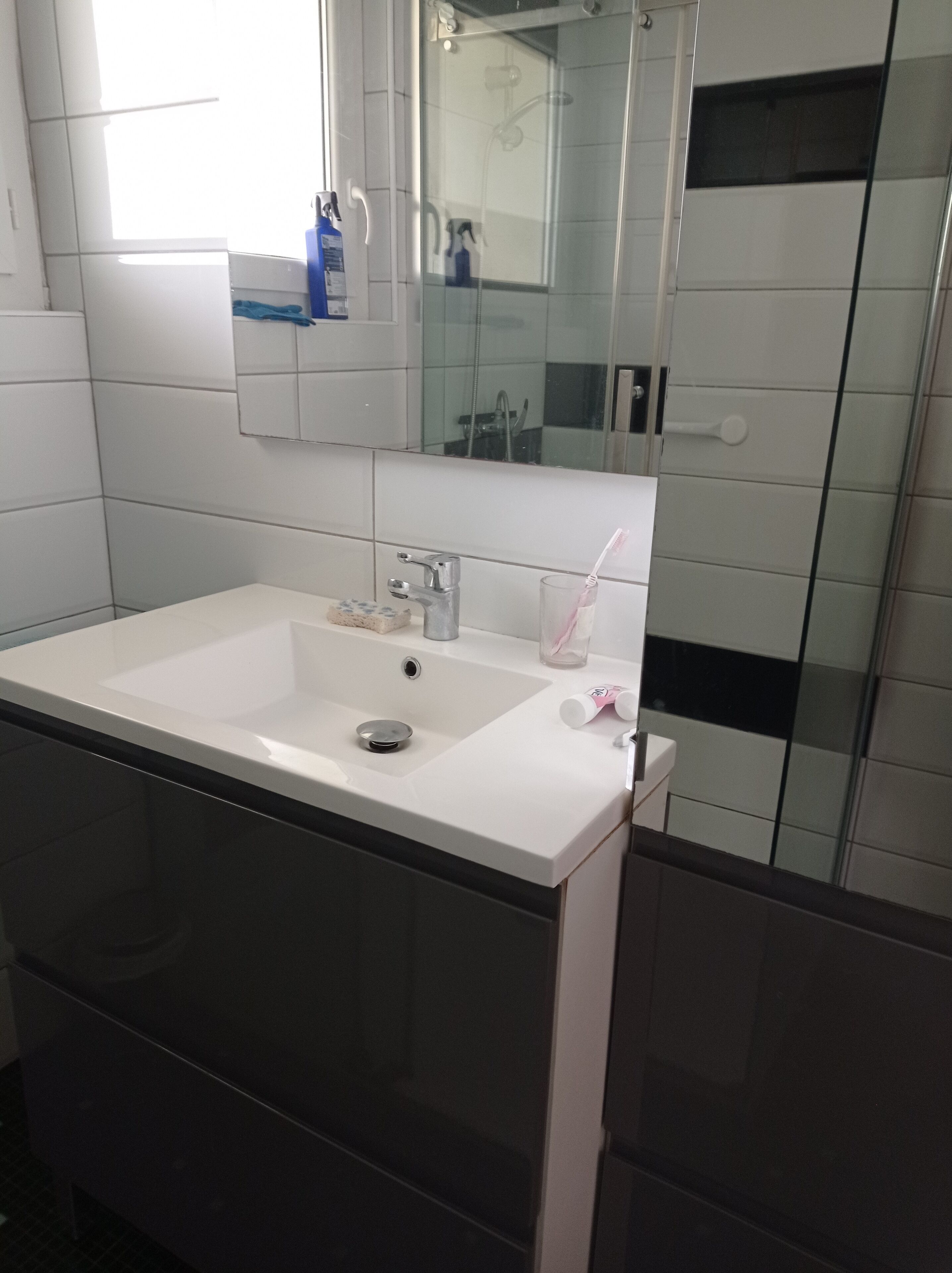 A modern bathroom with a white sink, a mirror above it, and a glass shower enclosure.