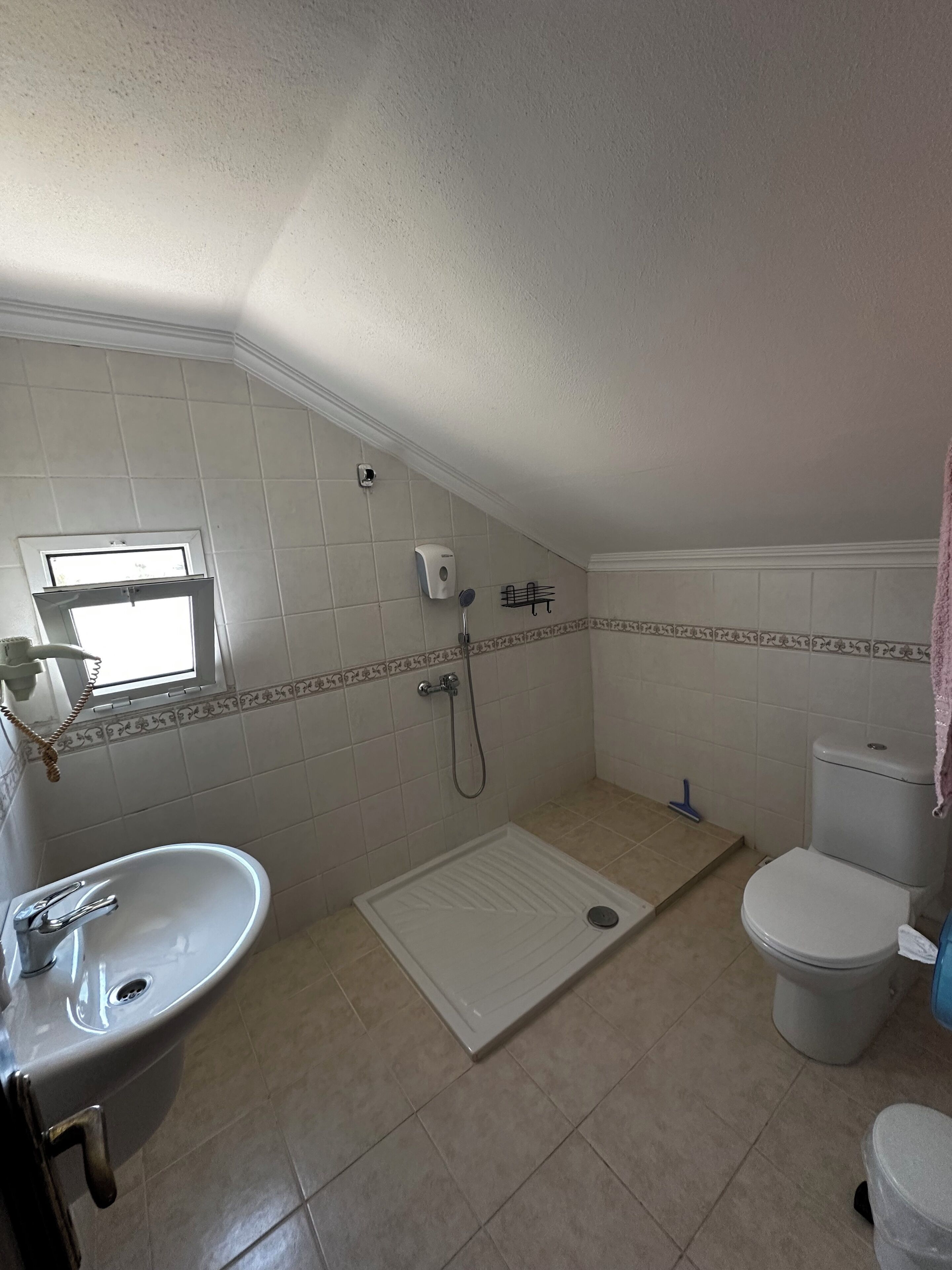 Een badkamer met wastafel, toilet, douche en een raam.