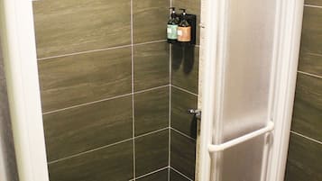 Shower, rainfall showerhead, hair dryer, slippers