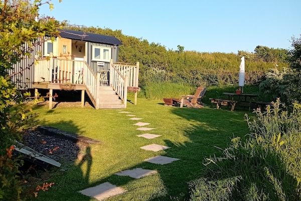 stayinhartland @ Quincecote shepherds hut.Sited in its own garden.Far sea view