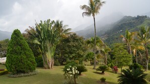 A lush garden with various tropical plants and a view of distant mountains. - Hotel campestre (Copacabana)