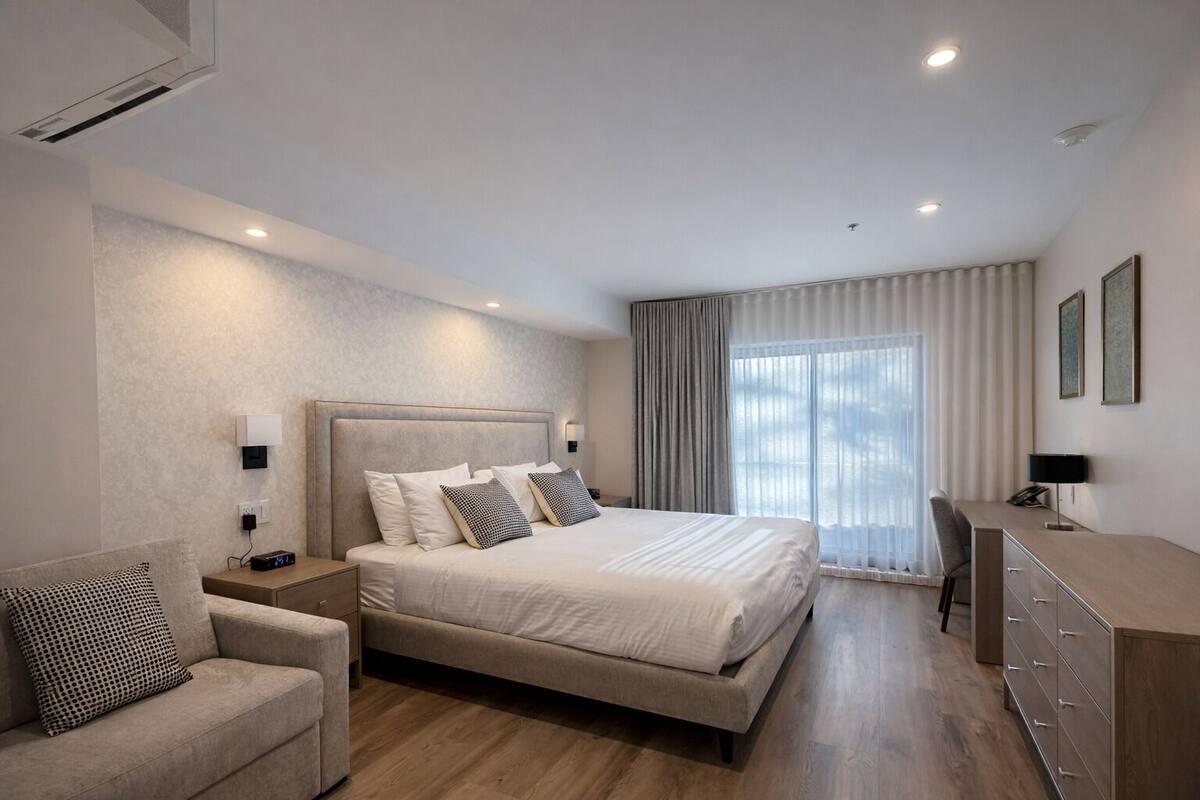 Deluxe King Room, Partial Lake View | Hypo-allergenic bedding available, in-room safe, blackout drapes