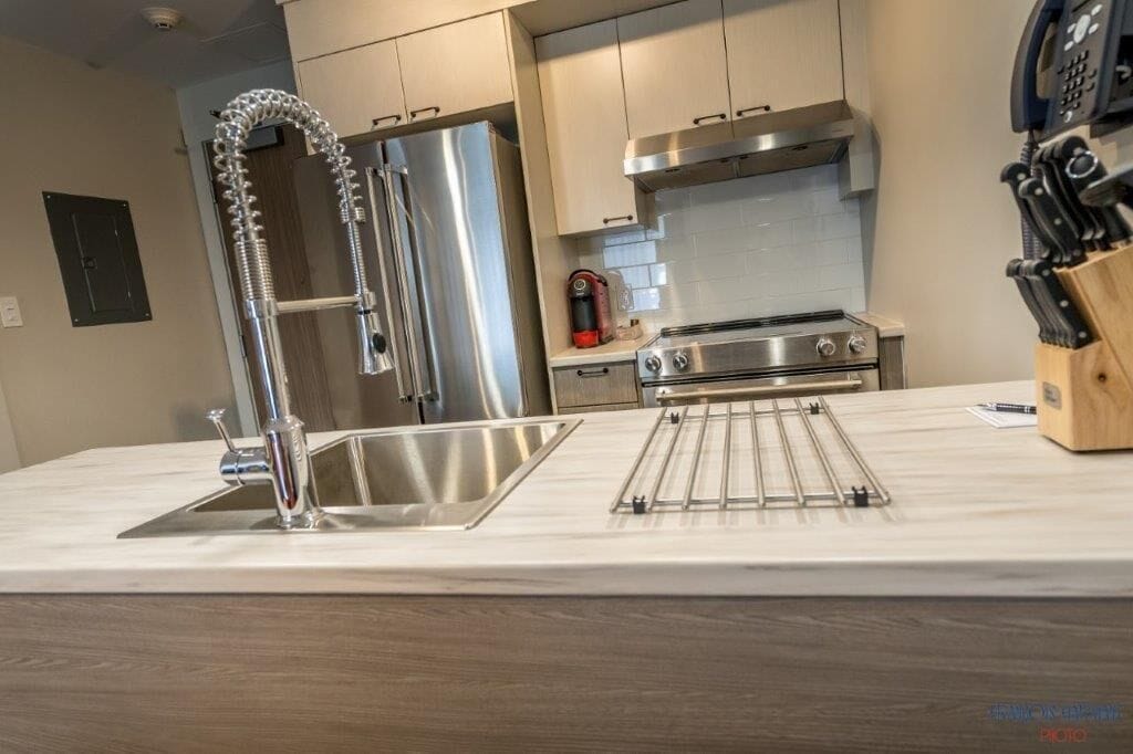 Una cocina moderna con electrodomésticos de acero inoxidable, un lavamanos empotrado y un bloque para cuchillos.