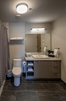 Un baño moderno con inodoro, lavabo y espejo. Hay toallas y artículos de aseo en la encimera.