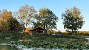 Une cabane au bord d’un lac, entourée d’arbres et dotée d’un quai, avec des nénuphars flottant à la surface de l’eau.