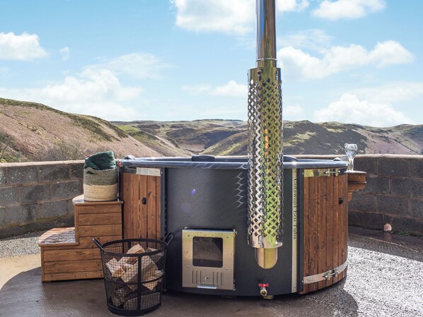 A wood-burning stove with a chimney, a glass of wine, and a basket of firewood.