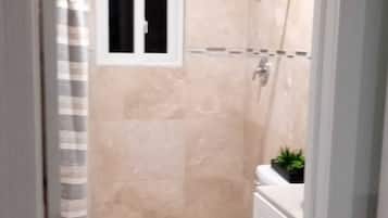 Regadera, secadora de cabello, toallas, jabón