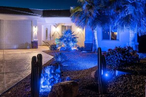 A residential property with a garage, a well-lit entrance, and a landscaped garden with cacti and palm trees.