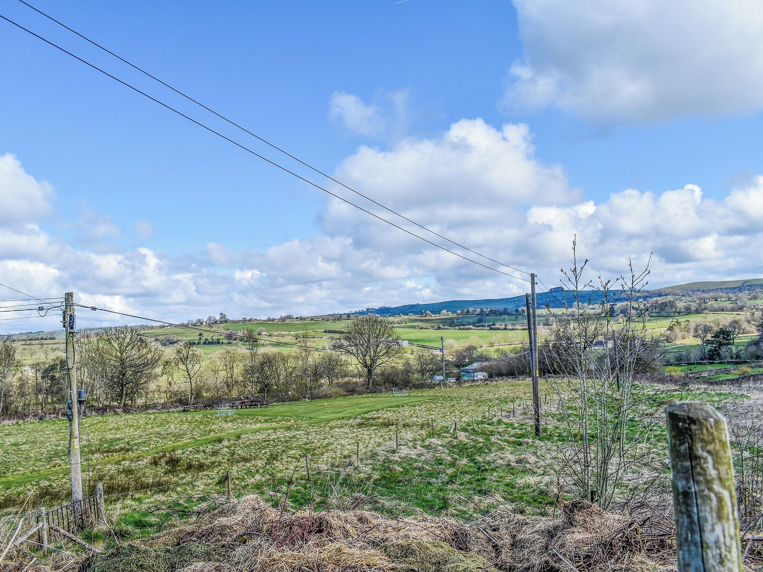 Een landelijk landschap met velden, bomen en elektriciteitskabels.