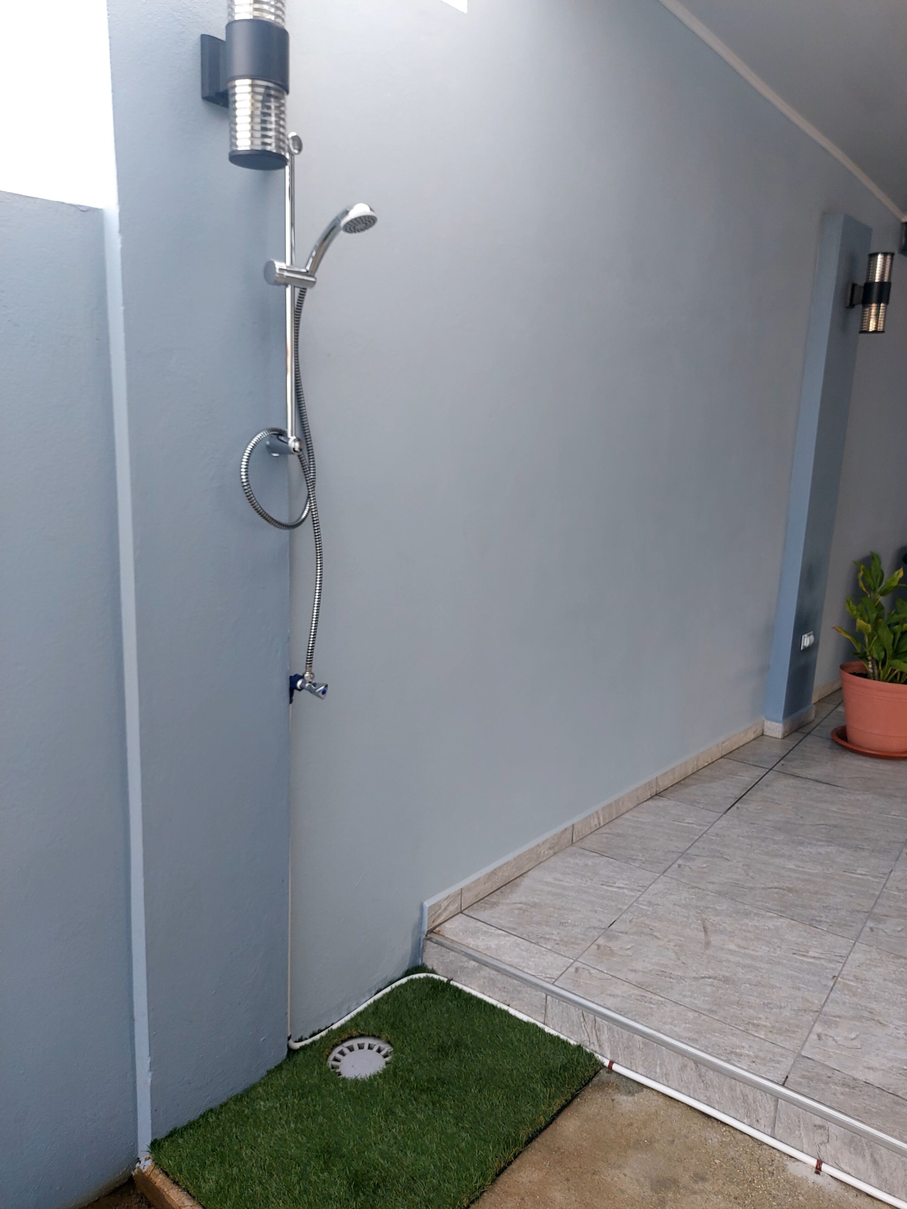 Ein Eckbereich eines Badezimmers mit Dusche, einer Topfpflanze und einem kleinen Teppich aus Kunstgrün.