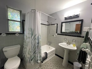 Ensemble douche/baignoire, sèche-cheveux, serviettes fournies, savon