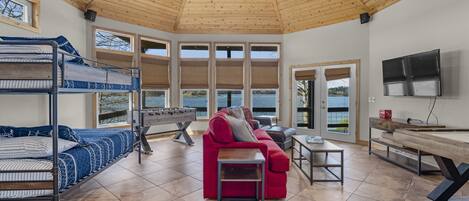 Smart TV, fireplace, foosball, books