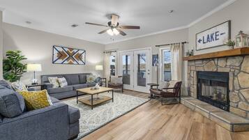 Smart TV, fireplace, table football, books