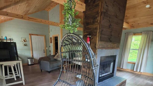 A room with a hanging chair, a fireplace, a television, and a door. - Firefly Landing at Avenwood Cabins (New Straitsville)