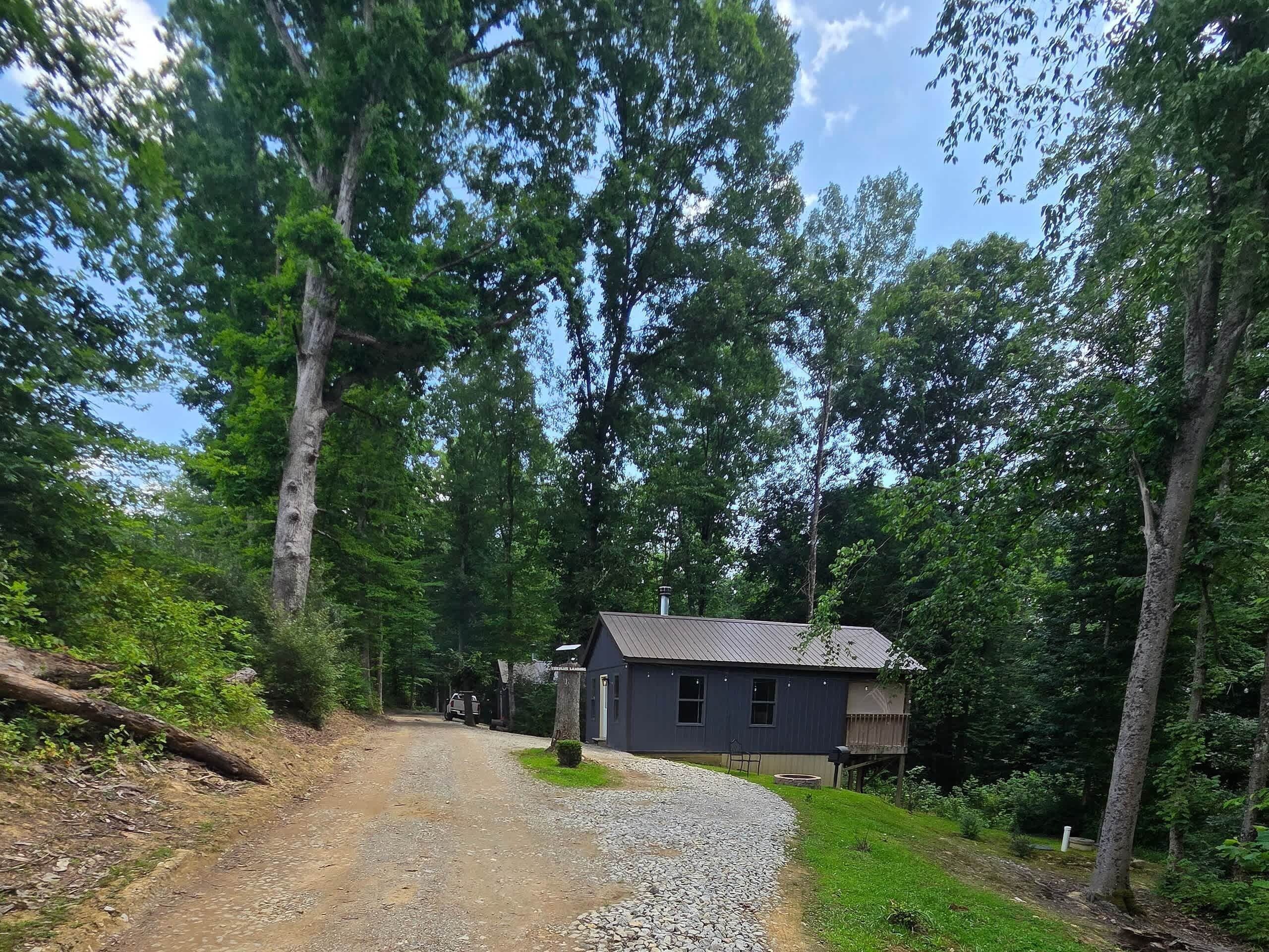 A gravel driveway leading to a house surrounded by trees.